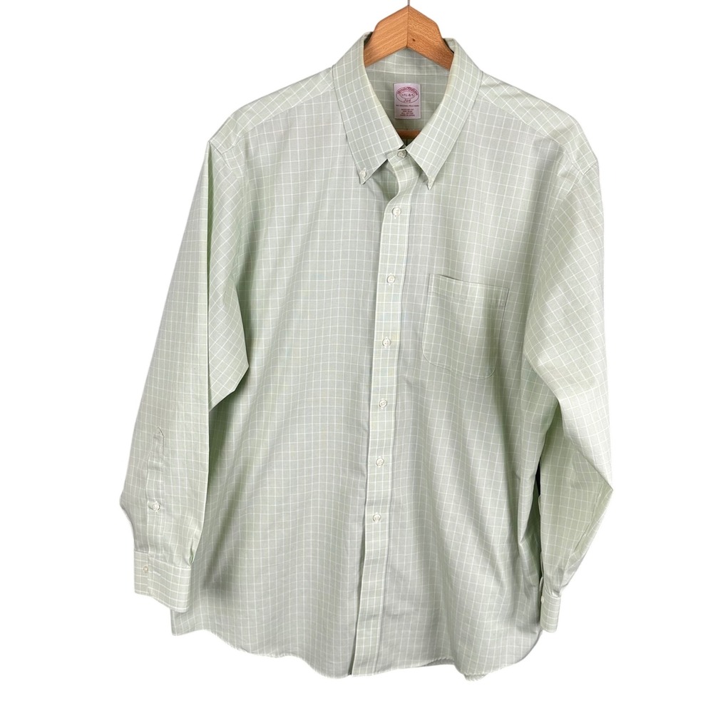 Brooks Brothers 346 Mens 17.5 4/5 Green White Grid Non-Iron Button Down Shirt
